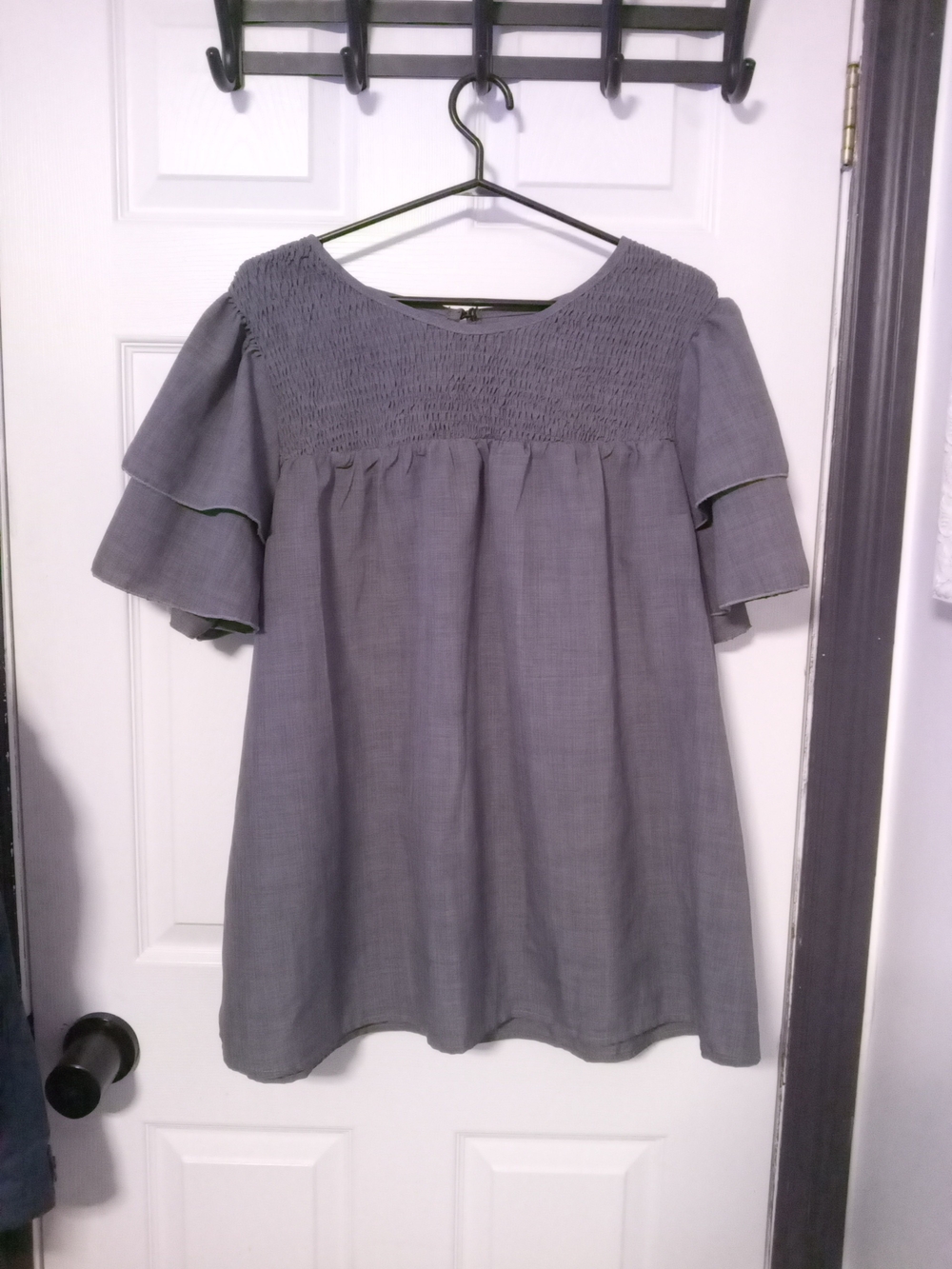 SHEIN Gray Smocked Yoke Flutter Sleeve Top